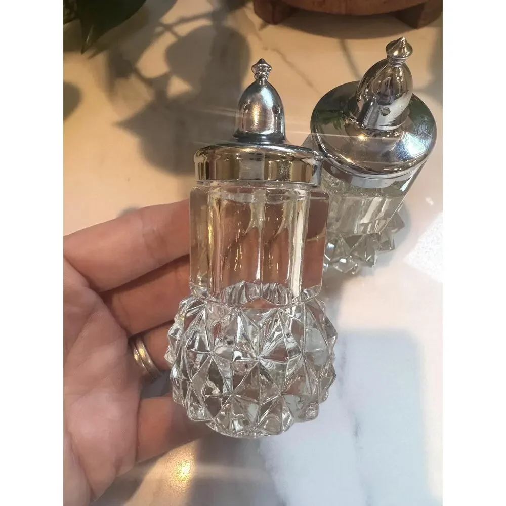 Vintage Indiana Glass Diamond Cut Salt Pepper Shakers with Silverplate Tops